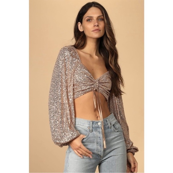 NWT! Lulu’s Top Women Gold-tone Sequin Balloon Sleeve Crop - Picture 1 of 2